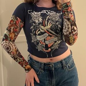 Ed Hardy Navy Long-Sleeve Crop Top with Multicolor Tattoo-Print Sleeves